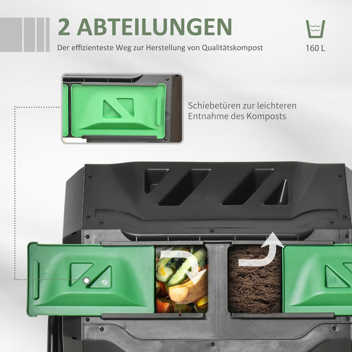 Kompostbeholder med 2 rum, 160 L kapacitet, drejelig, 71 cm x 65 cm x 96 cm, grøn + sort