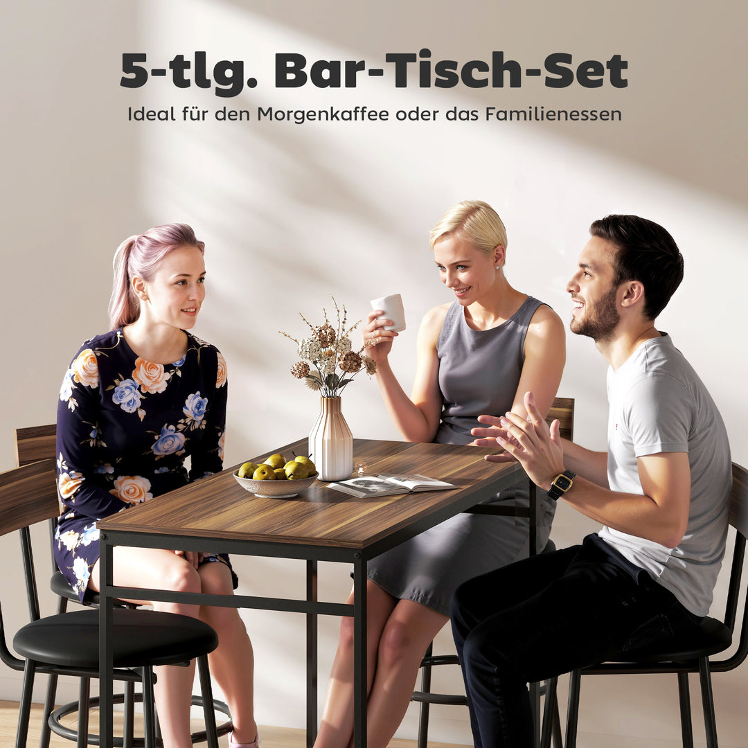 5-delt barbordssæt med 4 stole, industrielt design, til køkken, spisestue, træ, stål, brun