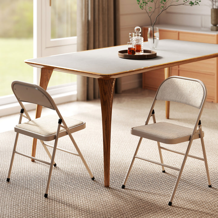 Sæt med 2 klapstole, bærbare kontorstole, metalben, klapstol til kontor, reception, venteværelse, linnedlook, beige