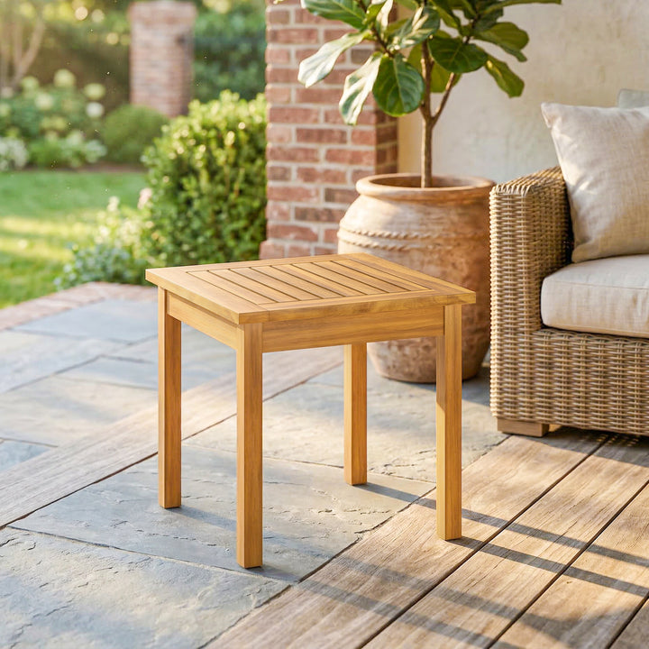Sidebord 48 x 48 cm, vejrbestandigt havebord med lameldesign og justerbare fødder, firkantet