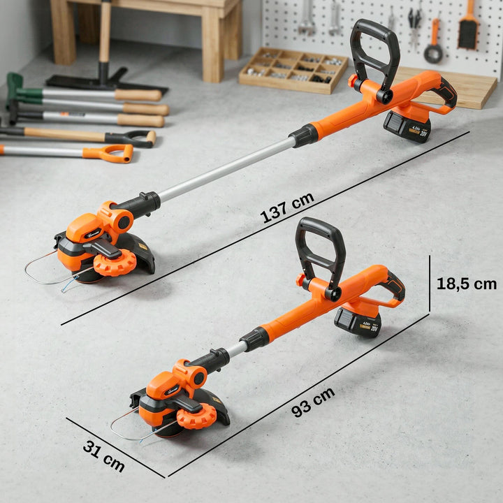 21V batteridrevet græstrimmer med 2 x 4,0 Ah batterier, 25 cm klippebredde