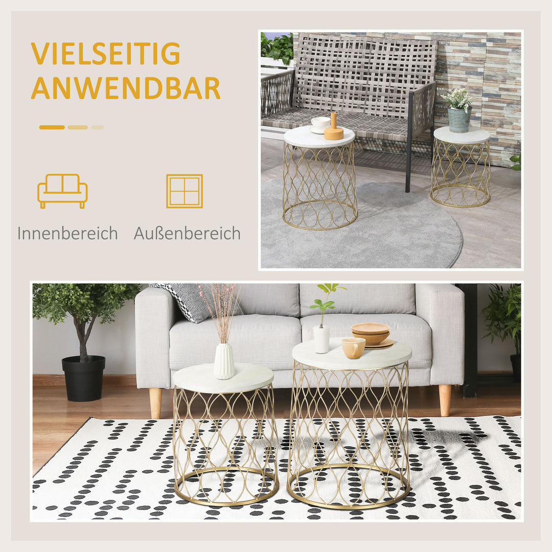 Sæt med 2 haveborde, sideborde, sofaborde, retro trådkurv, metalkurv, haveindskudsbord, havemøbler, udendørs, balkon, stål, guld + hvid, 41 x 46 cm
