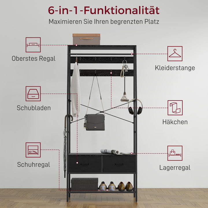 Knagerække med skohylde, tøjstativ i industrielt design, 2 stofskuffer, 8 kroge, metalramme, sort