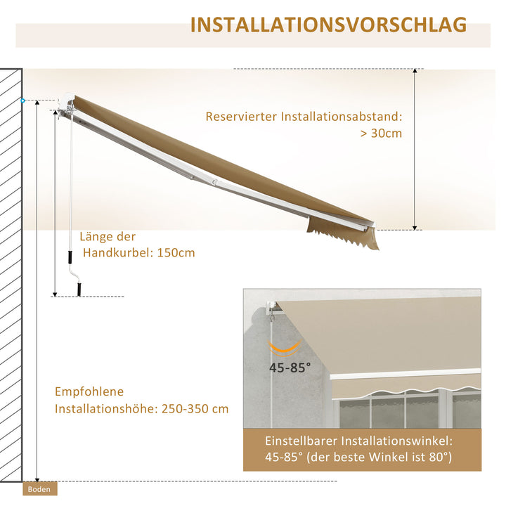 Markise, solsejl, udtrækkelig, med håndsving, metalramme, polyester, hvid+beige, 3,95 x 2,45 m