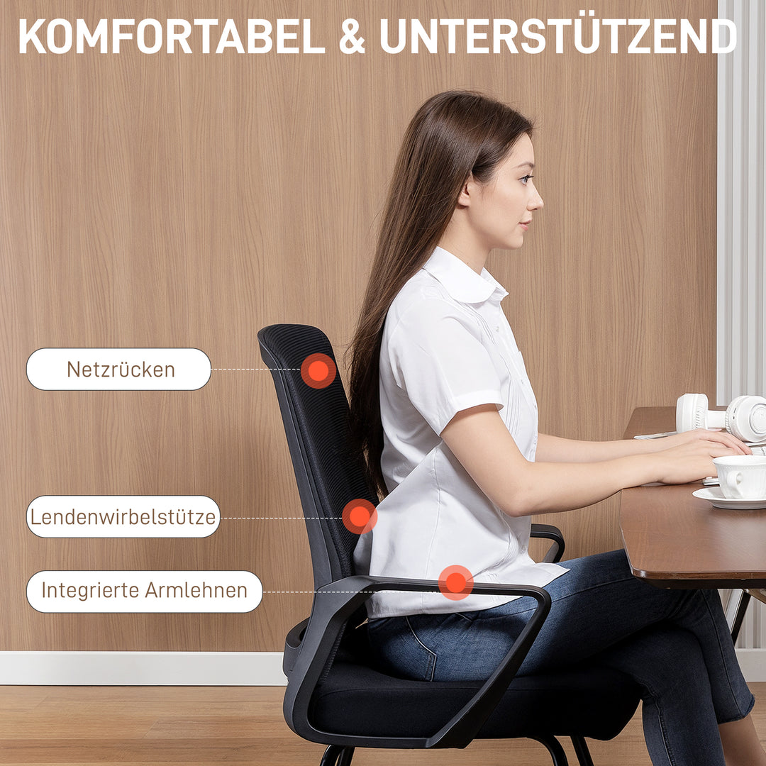 Kontorstol/besøgsstol med armlæn, lændestøtte, netpolstring til kontor, konferencerum, sort