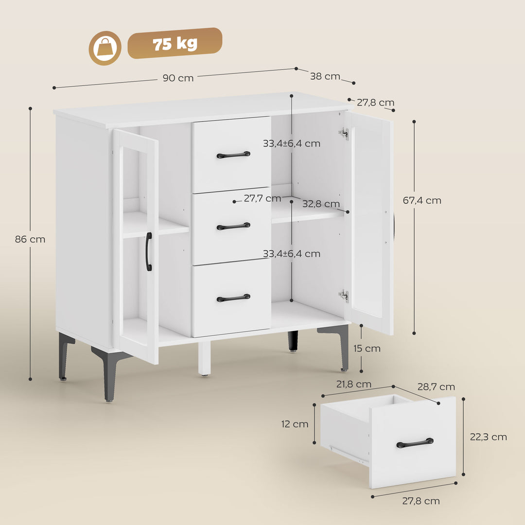 Moderne skænk med soft-close døre, buffetskab med 3 skuffer, 2 vitrinedøre, justerbare hylder, MDF, hvid