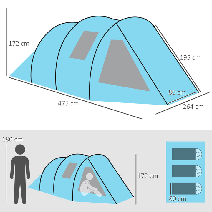 Campingtelt, trekkingtelt, vejrbestandigt, 2 rum, 475 x 264 cm bredde x 172 cm højde, blå