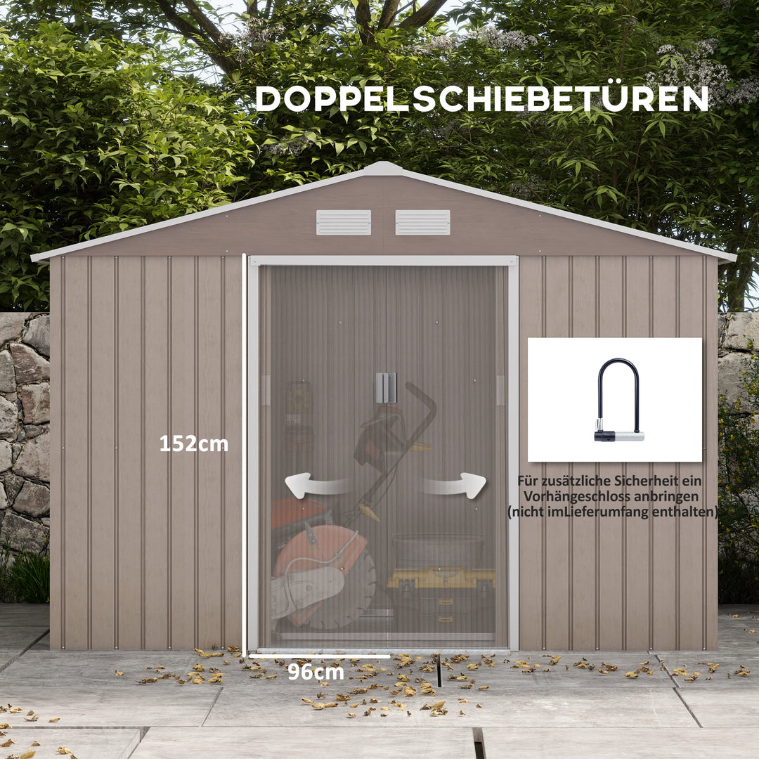 Haveskur, 2 skydedøre, 4 vinduer, vejrbestandig, metalhus, 2,7 x 1,9 x 1,9 m, brun