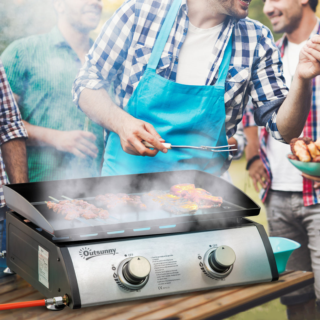 Gasgrill med 2 brændere, slange, non-stick grillplade, rustfrit stål, farve: sølv, 48,5 x 48 x 21 cm