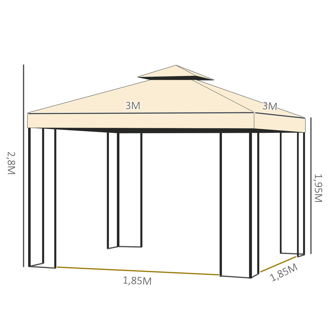 Luksus 3x3 m pavillon, havepavillon med dobbelttag, festtelt med sidepaneler, partytelt, havetelt, pagode, beige