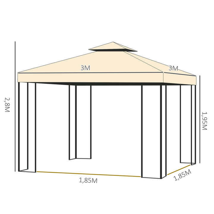 Luksus 3x3 m pavillon, havepavillon med dobbelttag, festtelt med sidepaneler, partytelt, havetelt, pagode, beige