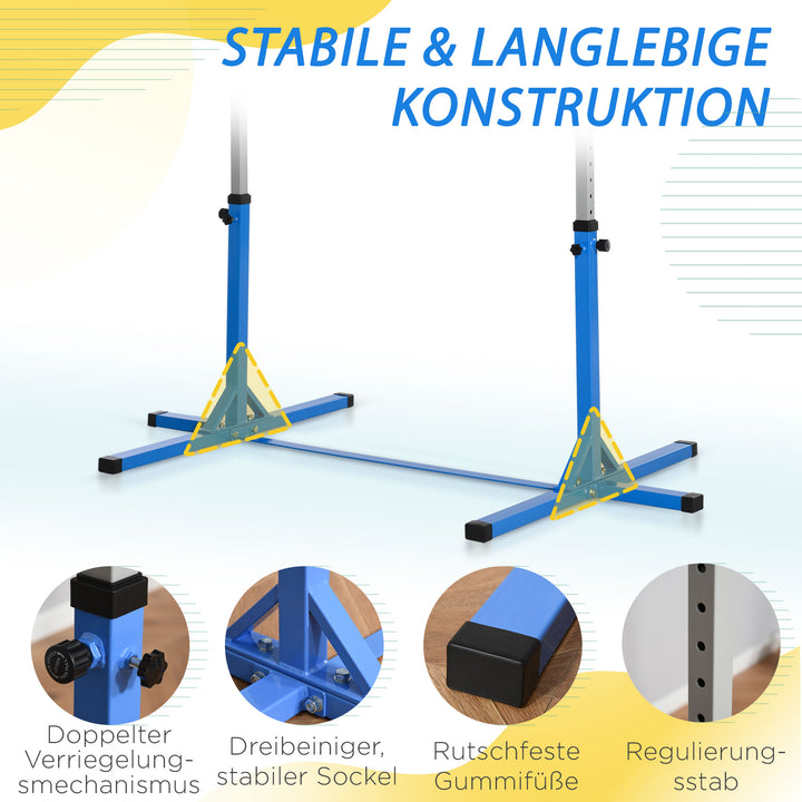 Gymnastikstang, 13 niveauer højdejusterbar, træ- og robust stålkonstruktion, lasteevne op til 75 kg, til 3+ børn, indendørs/udendørs, blå