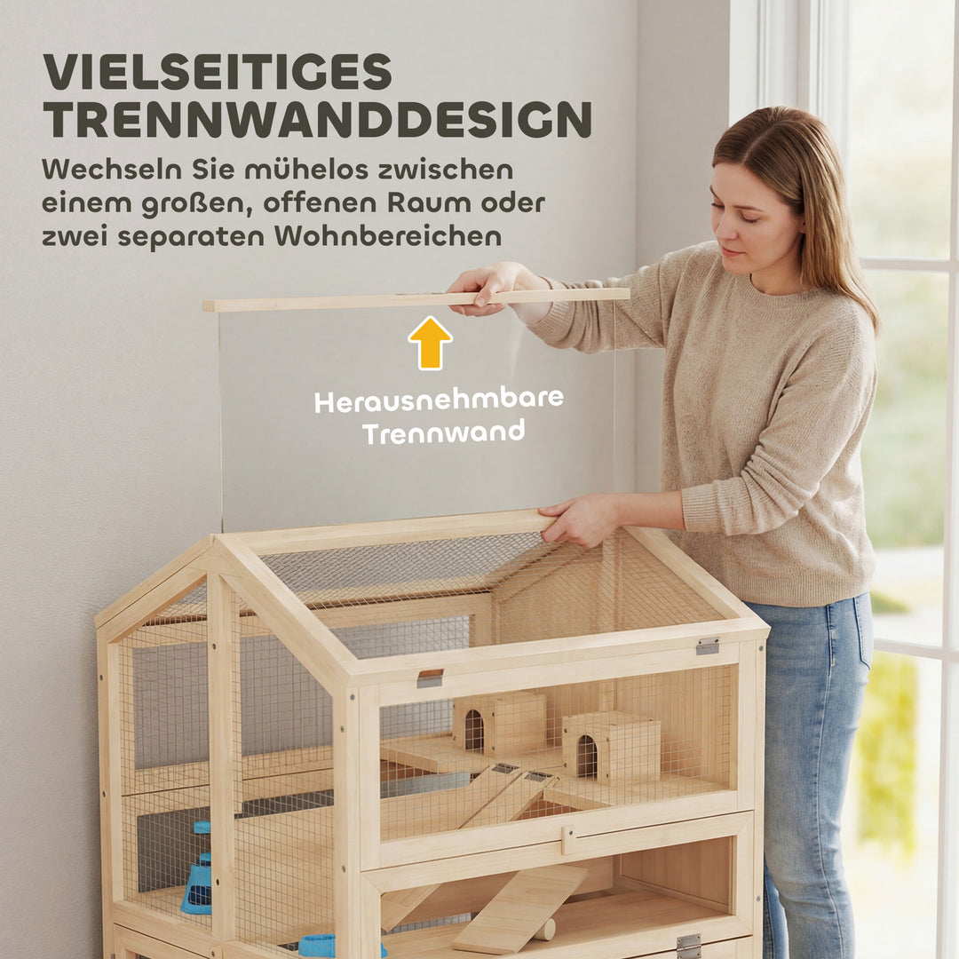 Hamsterbur i træ, 3 niveauer, gnaverbur, bur til små dyr med hytter, vipper, ramper, vandskåle, 68 x 61,5 x 90 cm, naturtræ