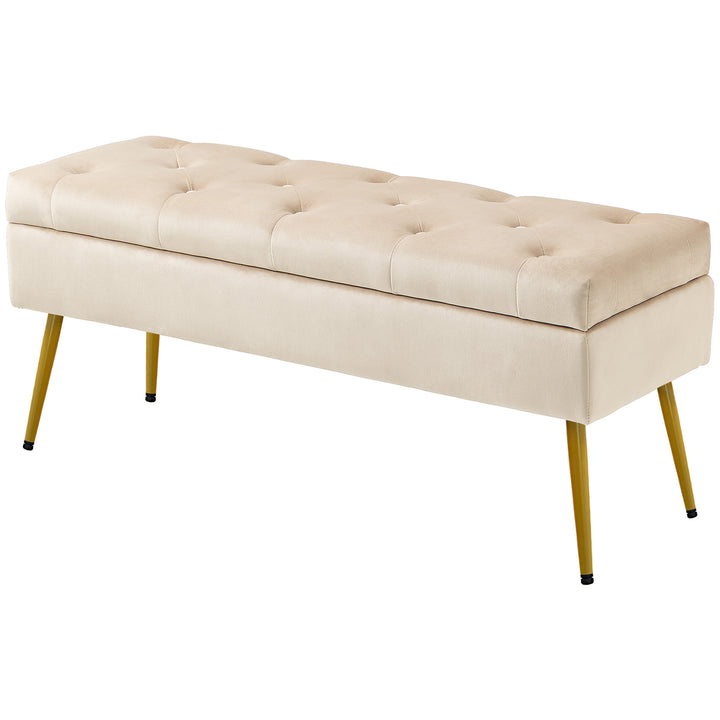 Fløjlsbænk med opbevaring, polstret fodskammel og tuftet design, metalstel, 102 x 35 x 43 cm, beige