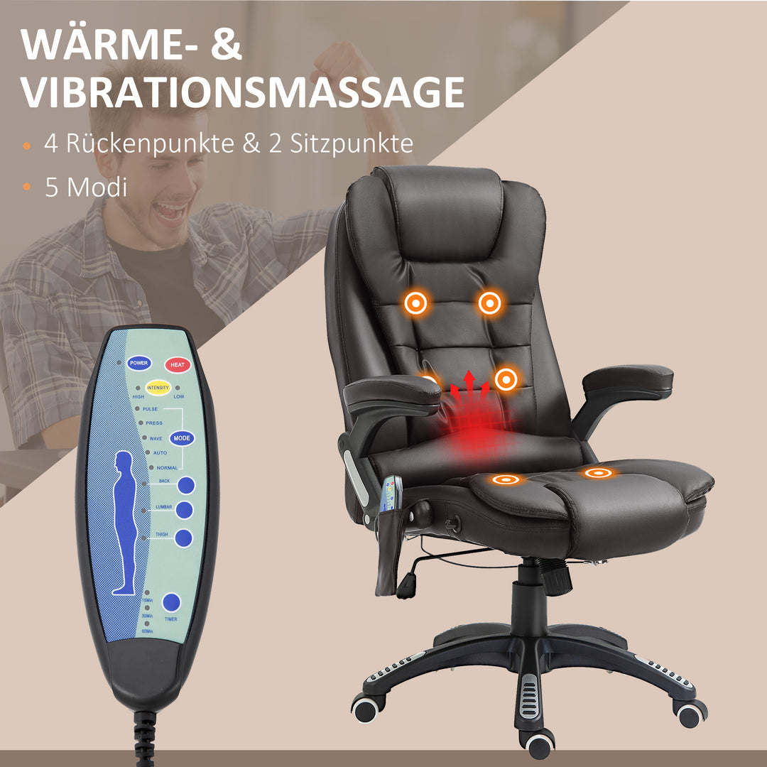 Massagestol kontorstol executivestol gamingstol 6-punkts vibrationsmassage med varmefunktion kunstlæder drejelig læderstol (brun)