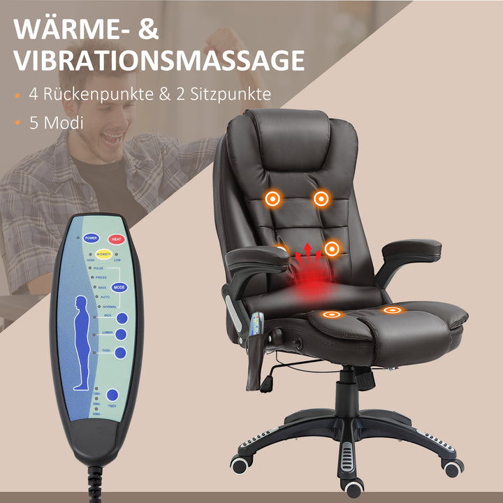 Massagestol kontorstol executivestol gamingstol 6-punkts vibrationsmassage med varmefunktion kunstlæder drejelig læderstol (brun)