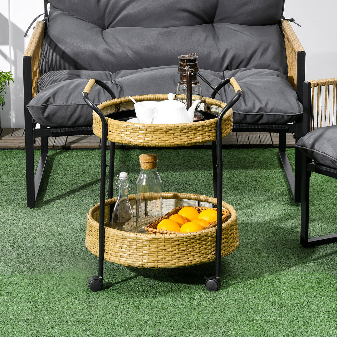 Udendørs serveringsvogn, 2 etager, bremser, polyrattan, metalramme, ø50 x 66h cm, gul