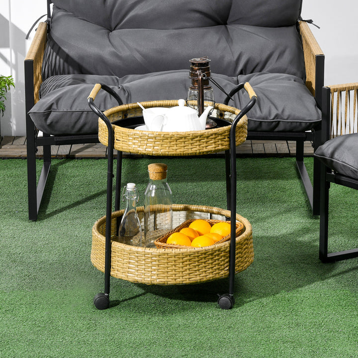 Udendørs serveringsvogn, 2 etager, bremser, polyrattan, metalramme, ø50 x 66h cm, gul