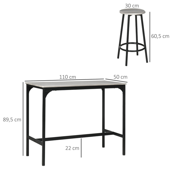 5-Delt barsæt med bord og 4 skamler, industrielt design, kompakt, rustikt