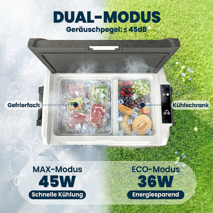Kompressorkøler 50L -20℃-20℃ elektrisk køletaske med dobbeltzone temperaturkontrol APP LED batteribeskyttelse foldehåndtag