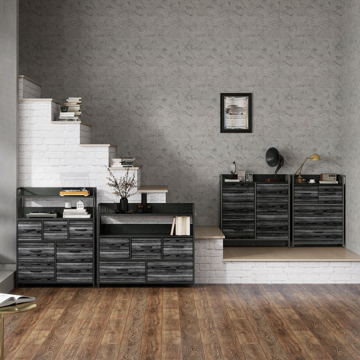 Kommode, skænk, 4 stofskuffer, industrielt design, 60x29x85cm, sort