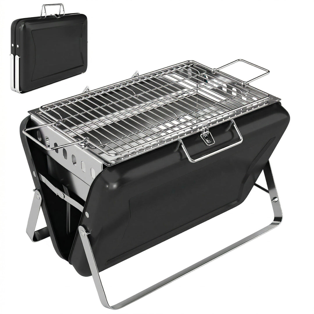 Rustfrit stål kulgrill BBQ-ryger med grillrist, håndtag og sammenklappelige ben til grill og camping, 40x28x25,5 cm, sort