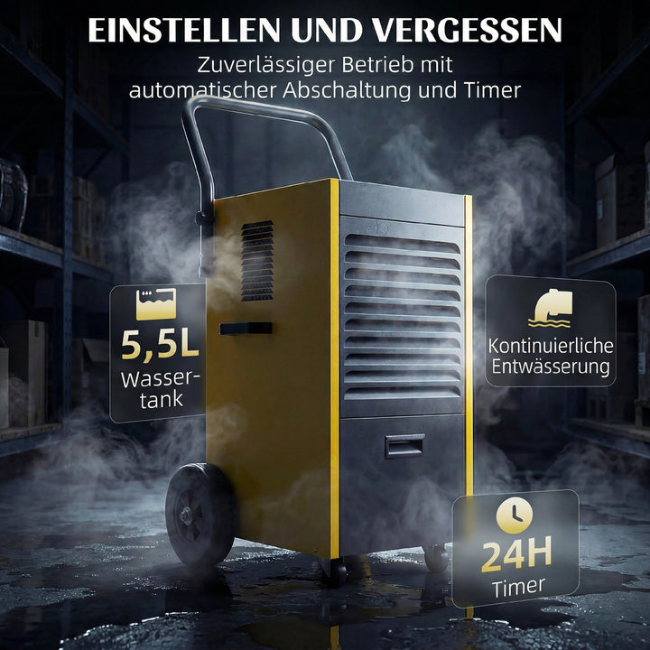 Kommerciel affugter 70L/dag med hjul og håndtag, kontinuerlig afløbsslange, 24-timers timer, 5,5L tank, gul