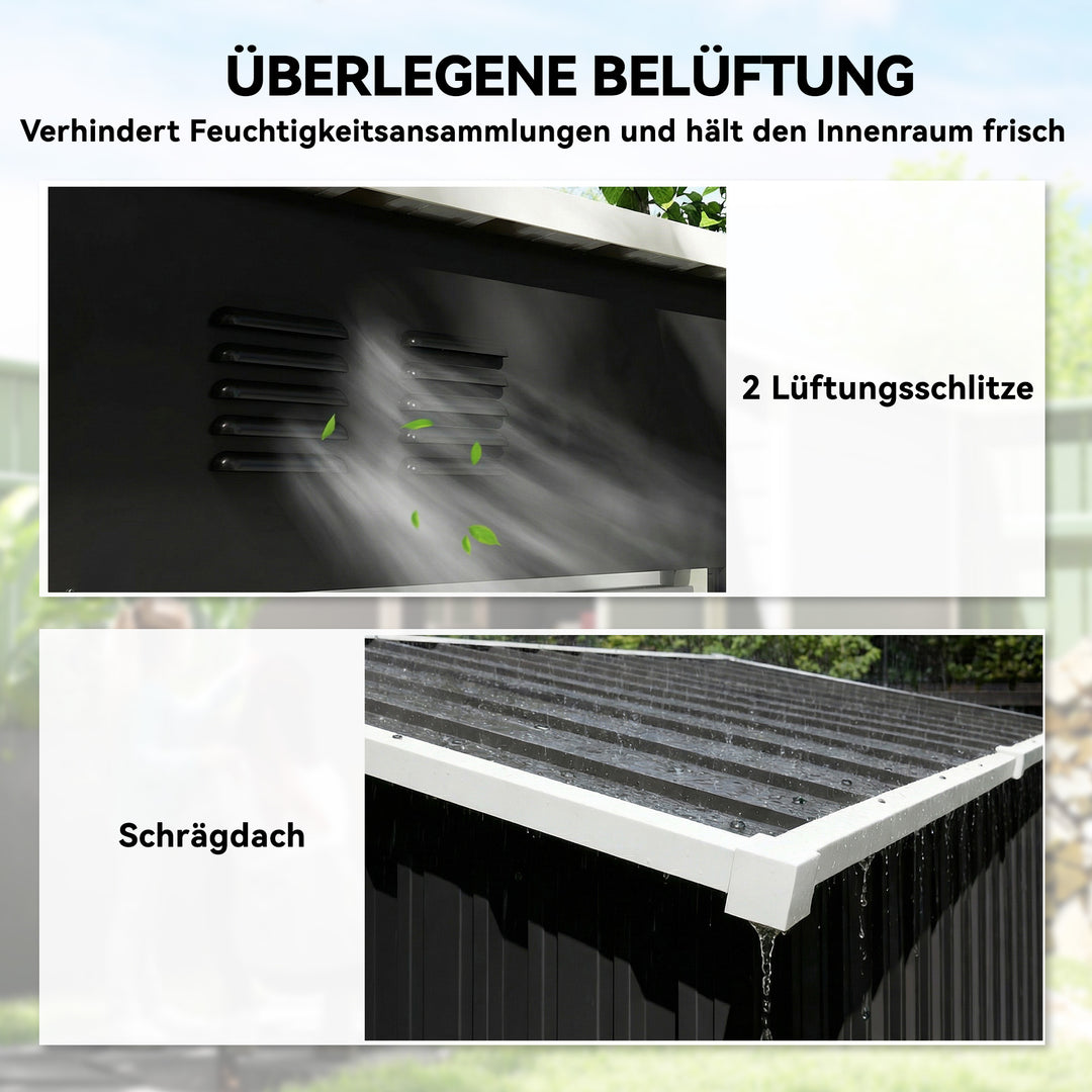 Metalskur, 1,37 m², aflåseligt, med ventilation, nedhængt tag, 163 x 90 x 179 cm