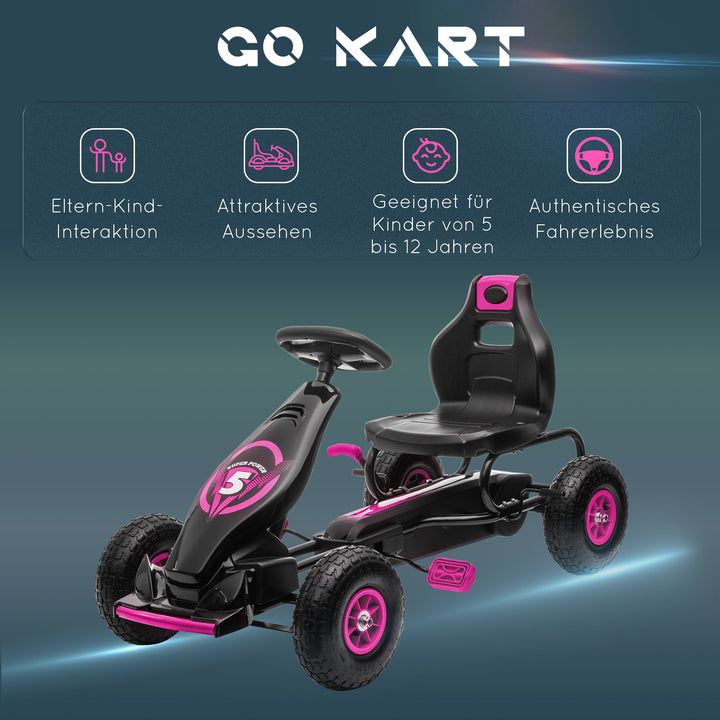Børne-gokart, med pedaler, justerbart sæde, indendørs og udendørs brug, fra 5 år, pink+sort, 121 x 58 x 61 cm