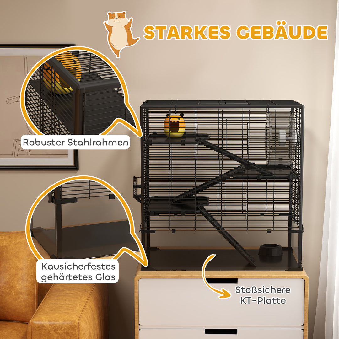 Hamsterbur med glasbund, 4-etagers hamsterbur med bur og tilbehør, 78,5l x 48,5b x 80h cm, sort