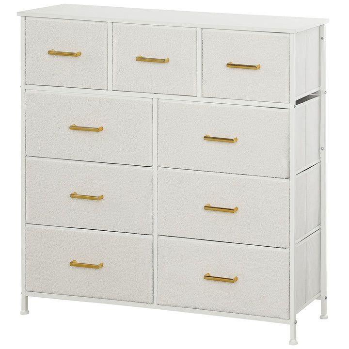 Stofkommode, 9 skuffer, stålstel, elegant, alsidig, hvid