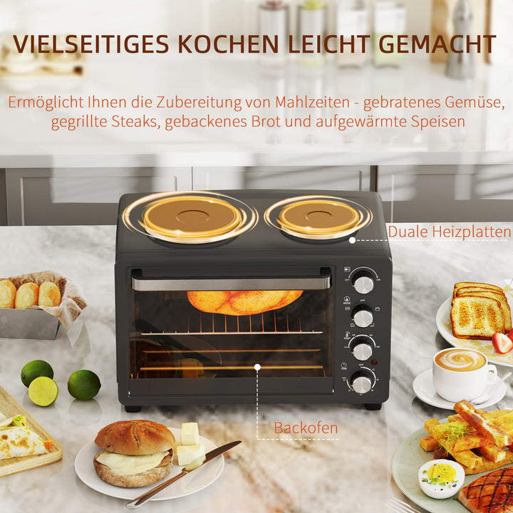 28 L brødristerovn, kompakt ovn til madlavning og grillning, elektrisk ovn med bageplade, grillrist, 2600w, sort
