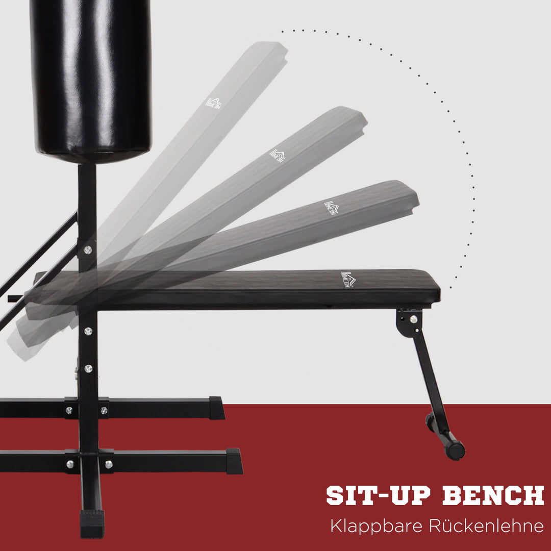 Power station med pull-up bar, multifunktionel dip station, hjemmetræningsudstyr, med boksesæk, fitness, stål, sort, 180 x 183 x 219 cm