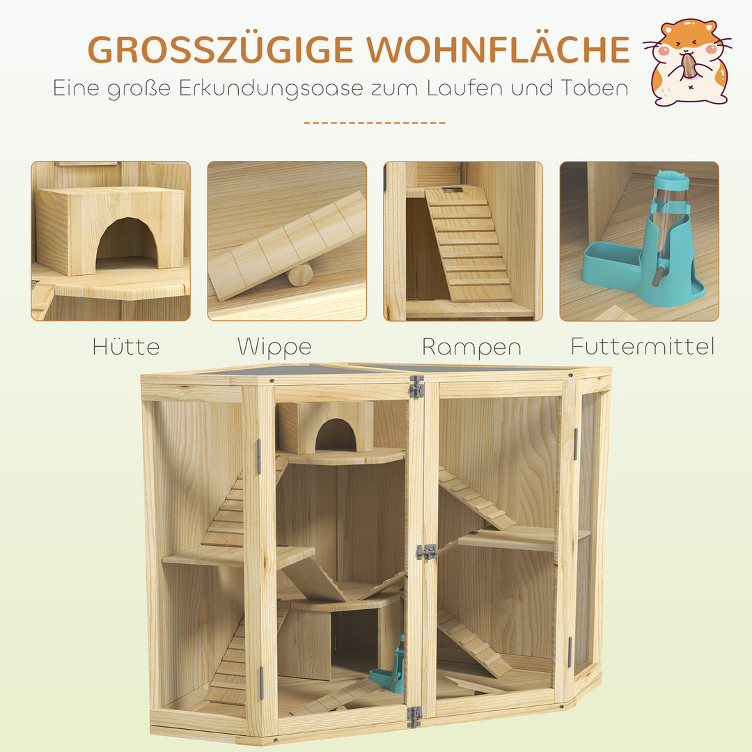 Hamsterbur, 4-etagers design, med foderstation, vippe, rampe, hytter, 115 x 69,5 x 79 cm, træ