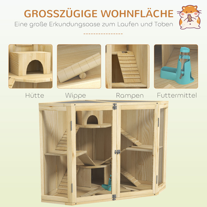 Hamsterbur, 4-etagers design, med foderstation, vippe, rampe, hytter, 115 x 69,5 x 79 cm, træ