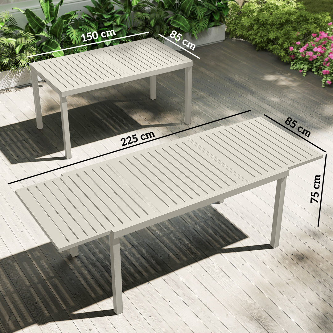 Udtrækkeligt havebord 150/225 x 85 cm, aluminiums spisebord til 6-8 personer, rektangulært, til haven, lameldesign