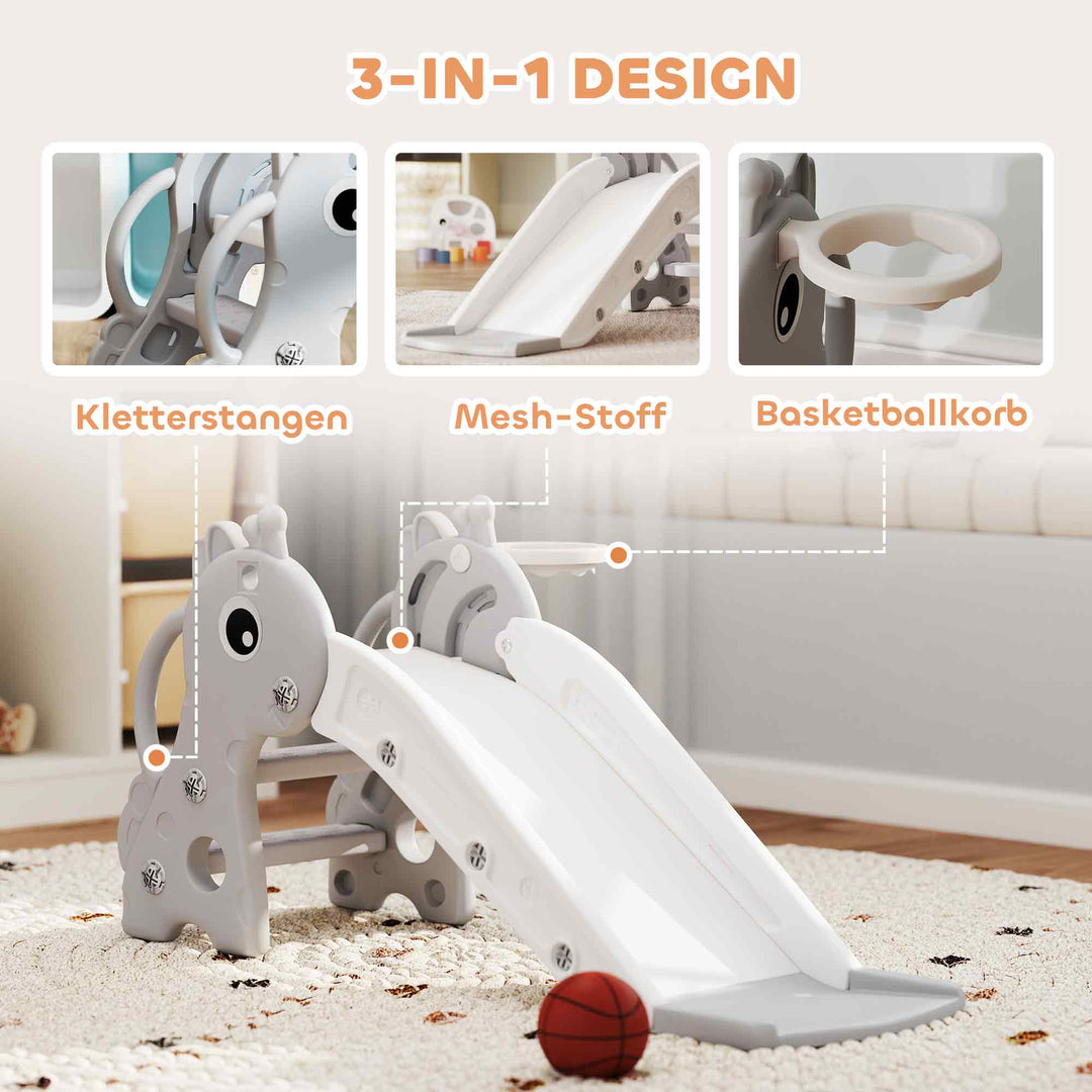 3-I-1 børnerutsjebane, girafformet, basketballkurv, bold, grå