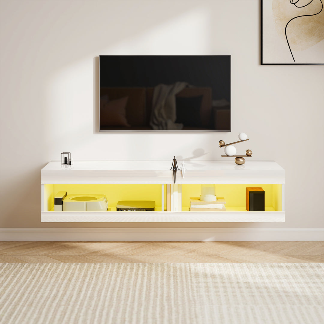 TV-skab, vægmonteret TV-lavbord med RGB LED-belysning i 16 farver, TV-bord med åben opbevaringsplads, til 55-60 tommer TV, til stue, soveværelse, 140 x 40 x 30 cm, hvid højglans