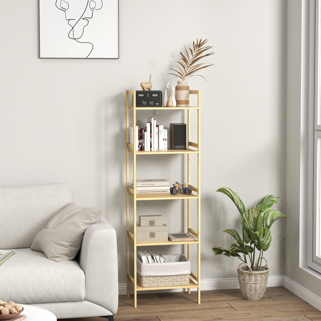 Badeværelseshylde i bambus med 5 niveauer, opbevaringsstativ med justerbare hylder, 43,5 x 31,5 x 142 cm, naturtræ