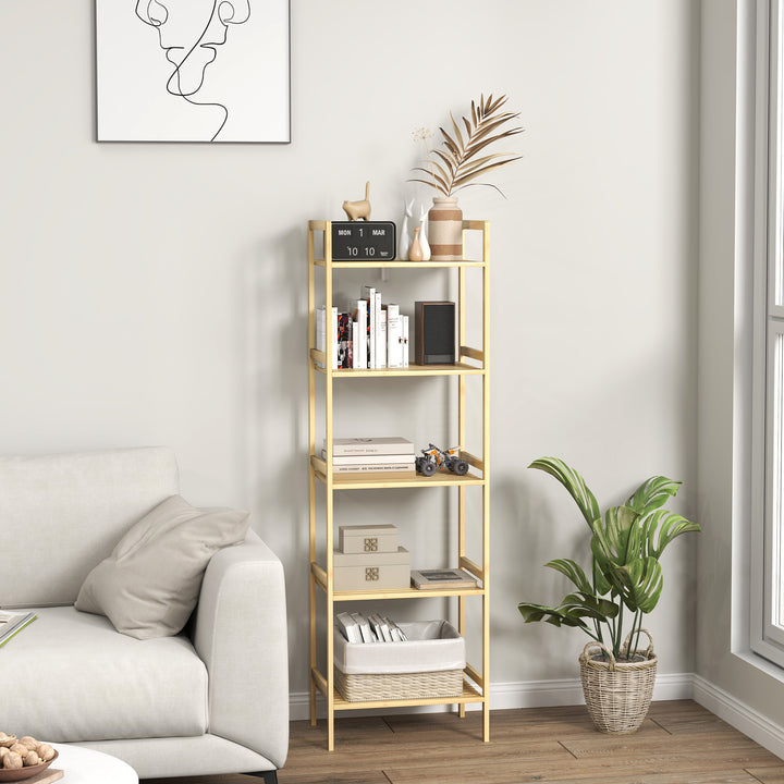 Badeværelseshylde i bambus med 5 niveauer, opbevaringsstativ med justerbare hylder, 43,5 x 31,5 x 142 cm, naturtræ