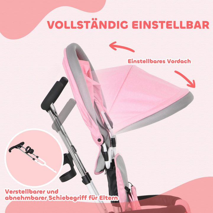 6-I-1 børnetrecykel med skubbehåndtag, kaleche, sele, opbevaringskurv, til 1-5 år, lyserød