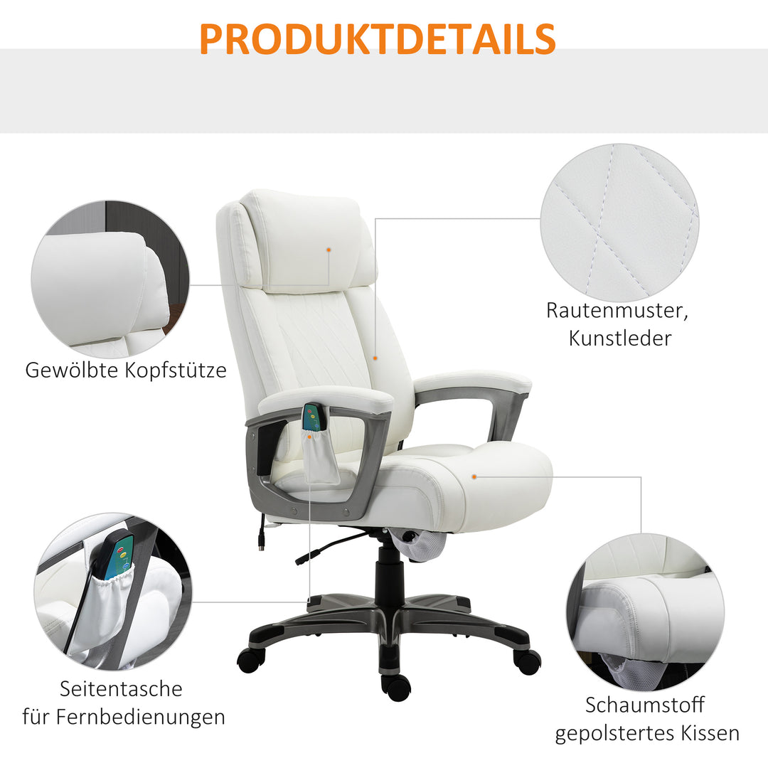 Massage kontorstol 6-punkts massage drejestol ergonomisk stol justerbar kunstlæder med buet nakkestøtte og armlæn hvid 70 x 76,5 x 114-124 cm