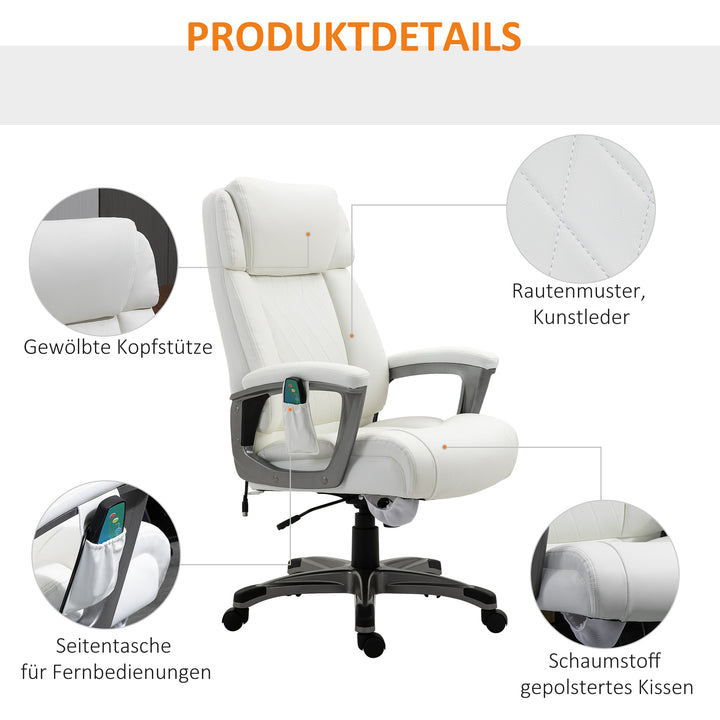 Massage kontorstol 6-punkts massage drejestol ergonomisk stol justerbar kunstlæder med buet nakkestøtte og armlæn hvid 70 x 76,5 x 114-124 cm