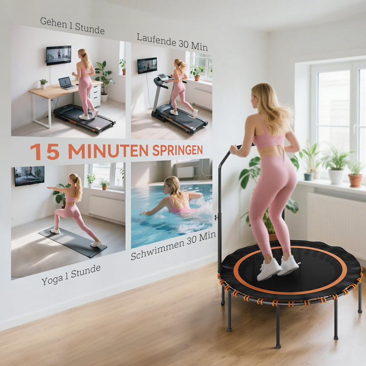 Fitnesstrampolin med justerbart gelænder, sportstrampolin til indendørs og udendørs brug, stål, plastik, orange