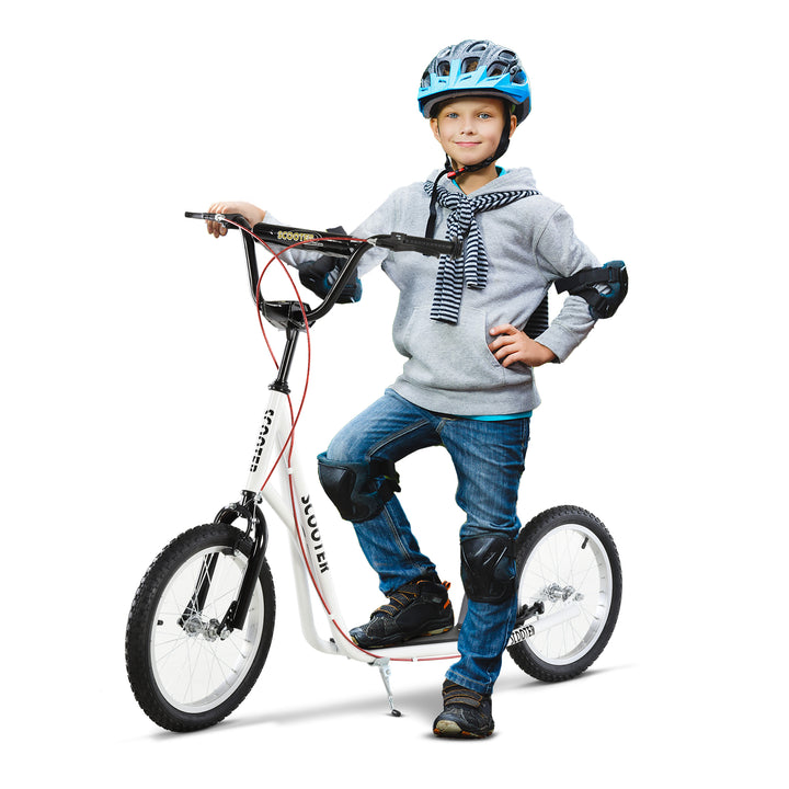 Børnescooter, sparkscooter, city scooter, sparkscooter, børnesparkbræt med pneumatiske dæk og håndbremse, scooter til børn, vandtæt, foldbar, fra 5 år, 16 tommer, hvid, 139 x 58 x 90-96 cm