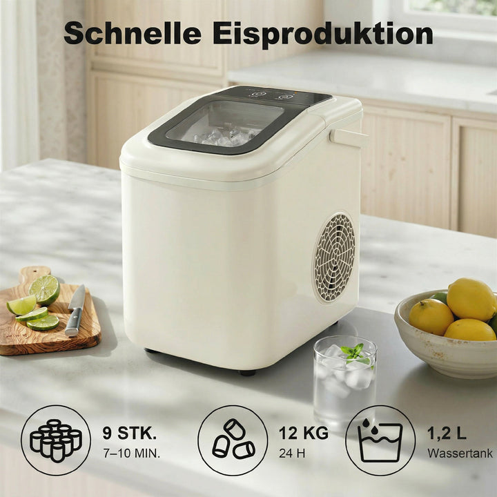 Bærbar isterningmaskine med selvrensende funktion, isske og kurv, 12 kg/24 timer, beige