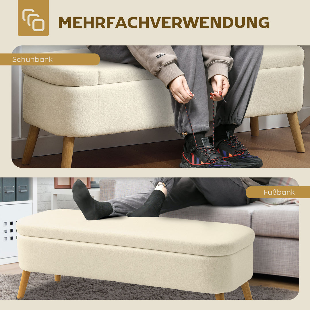 Opbevaringsbænk, bænk med 65 L opbevaringsplads, teddy fleecestof, gummitræ, 120 x 42 x 45 cm, beige