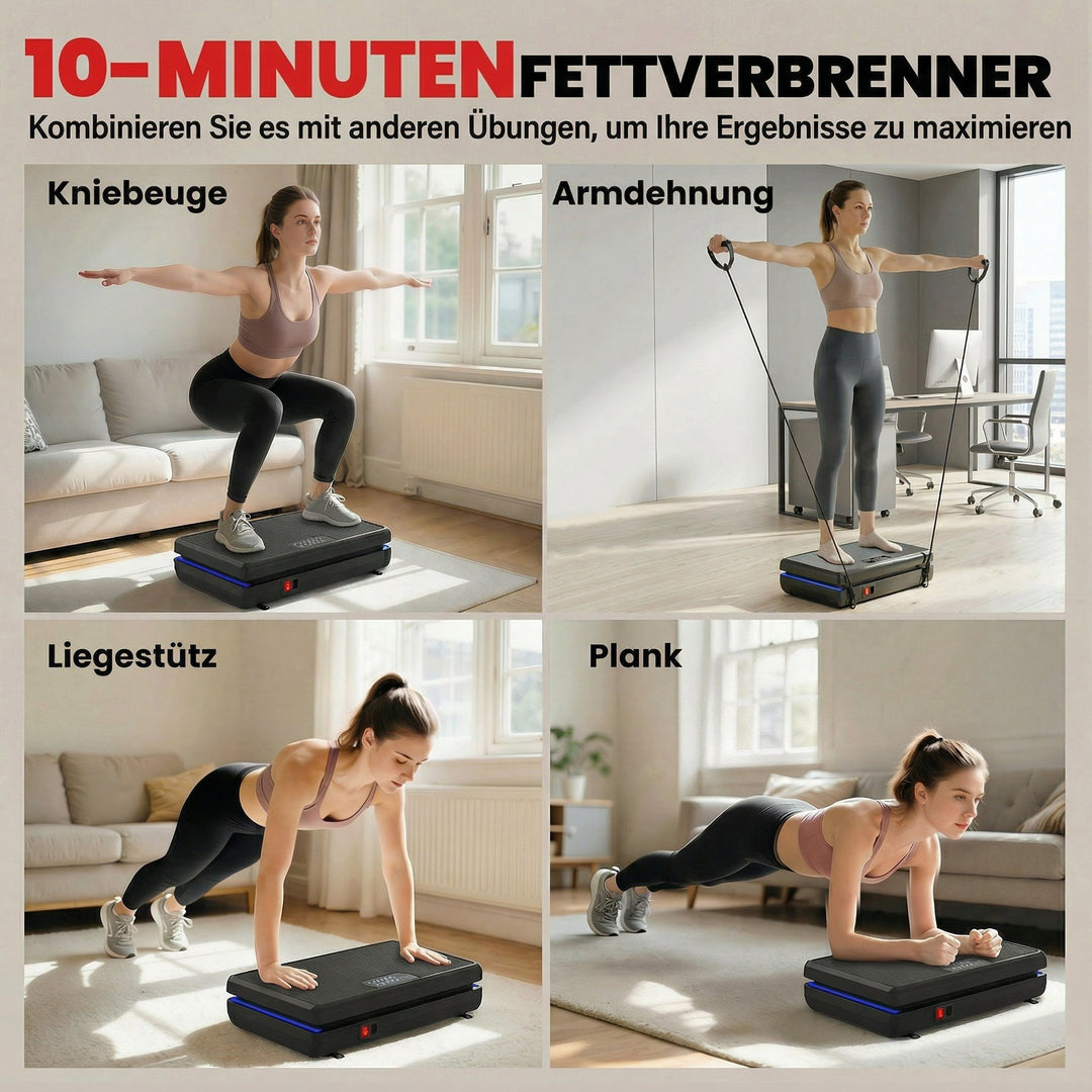 Vibrationsplade med 120 intensitetsniveauer, 5 forprogrammer, LED-lys, modstandsbånd, skridsikker overflade