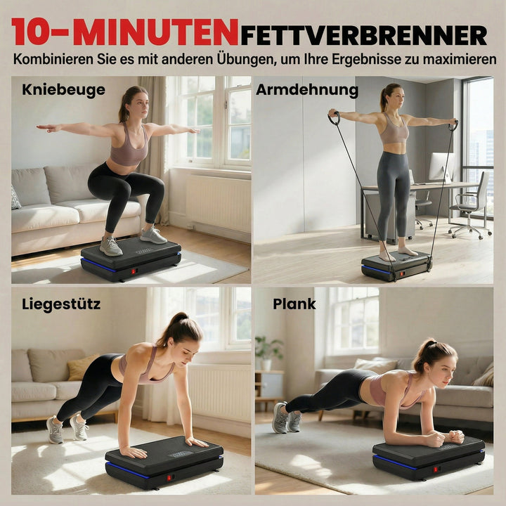 Vibrationsplade med 120 intensitetsniveauer, 5 forprogrammer, LED-lys, modstandsbånd, skridsikker overflade