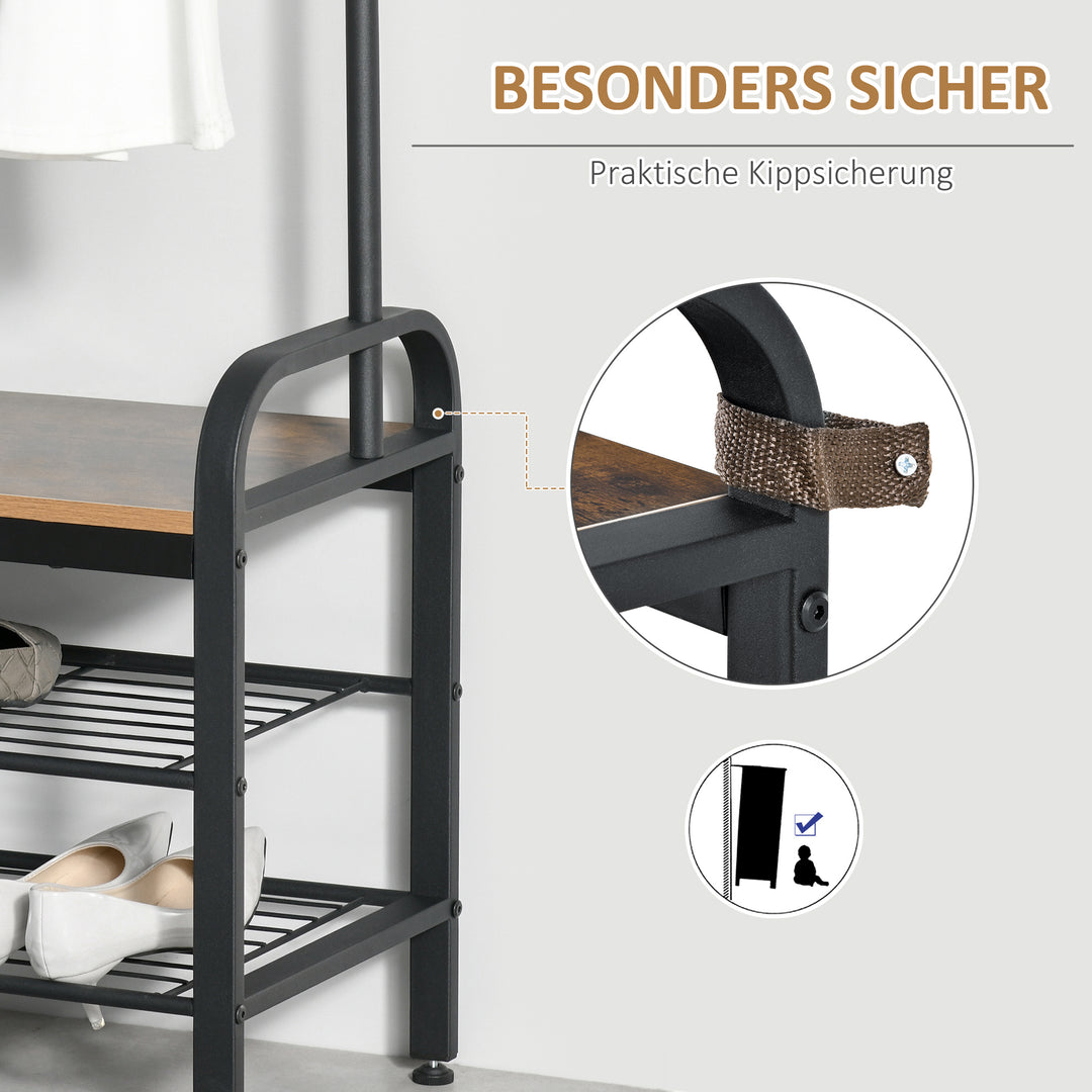 Knagerække skohylde tøjstativ med 8 knager 2 hylder mdf sort 72 x 34 x 185 cm